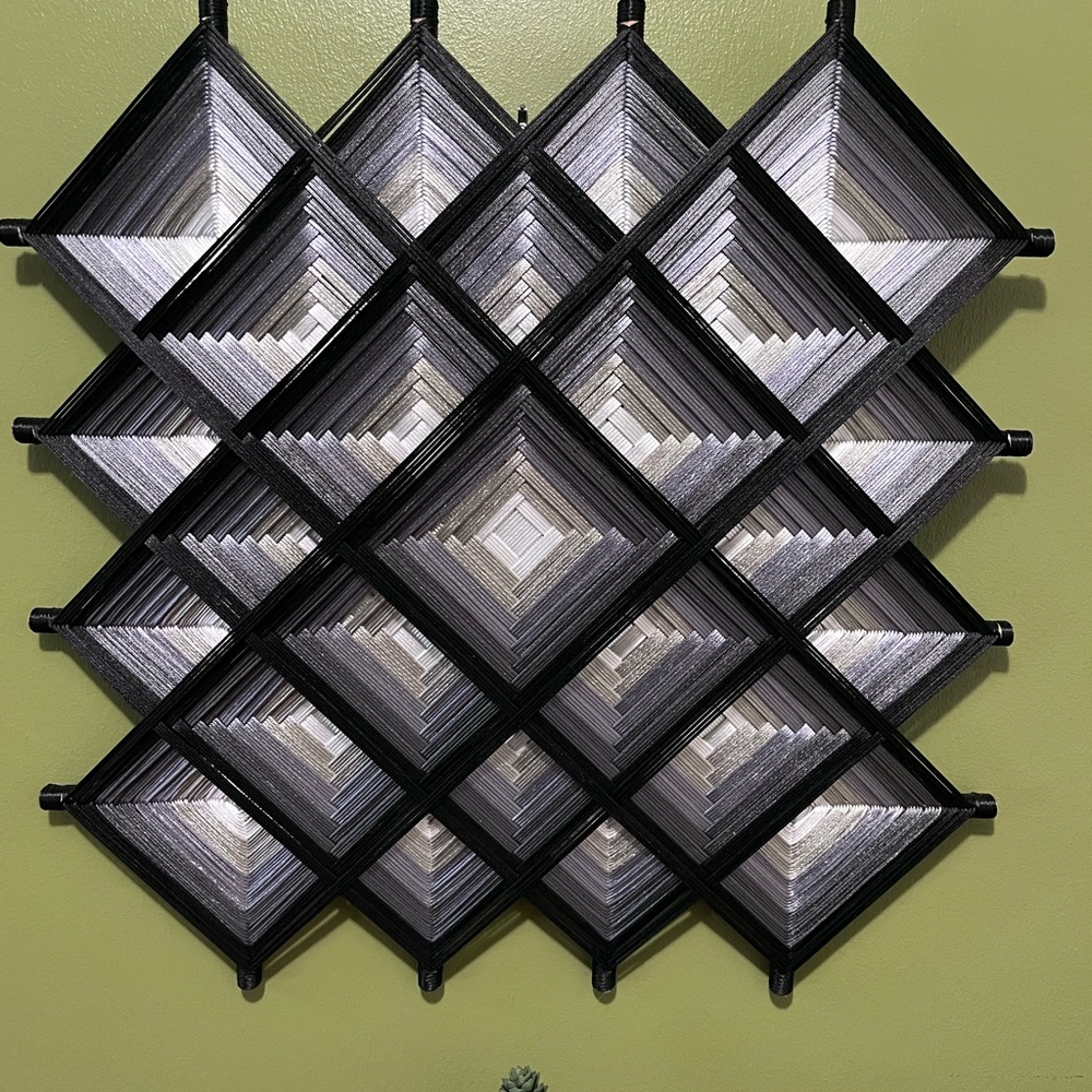 Modern Geometric String Art Wall Sculpture, Hand-Wrapped Black/Gray Gradient